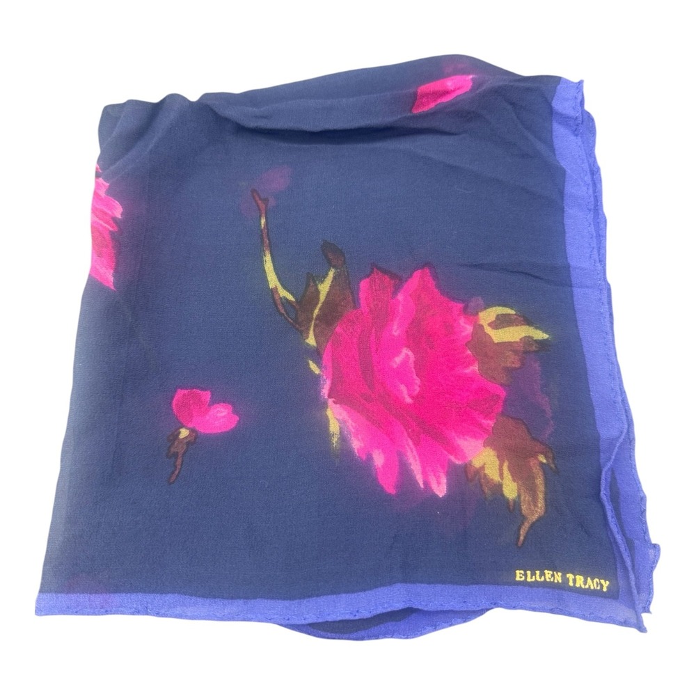 Ellen Tracy Vintage Square Scarf Navy Blue Pink Floral Rose Print Sheer